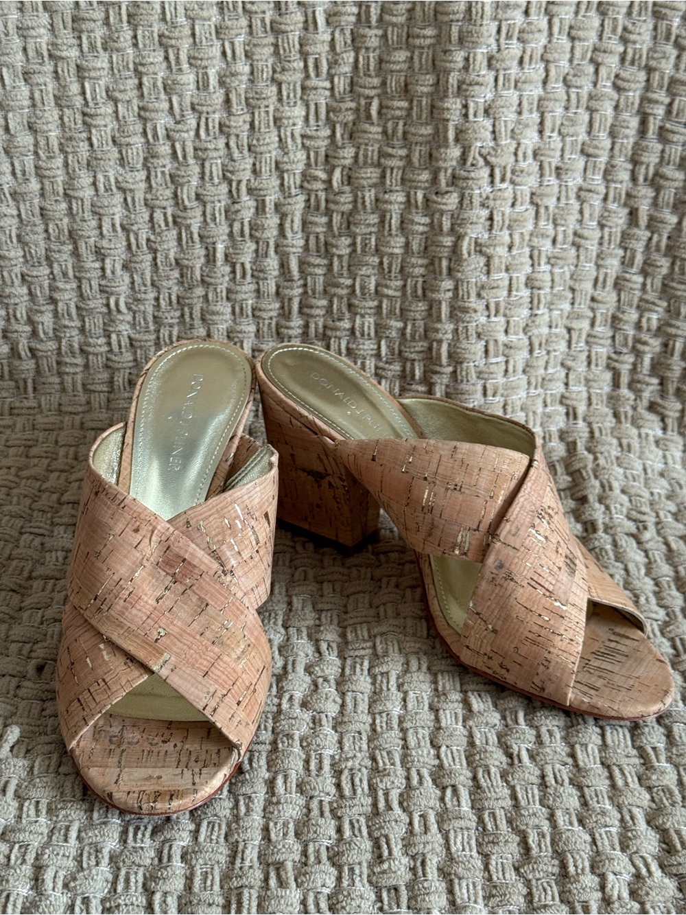 Donald J. Pliner Peach Cork Cross-Strap Block Heel Mules